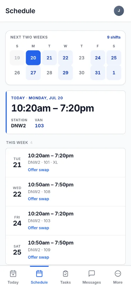 RouteReady driver app Schedule screen: a two-week calendar with nine shifts, today's shift card with station and van, and this week's shifts with offer-swap options