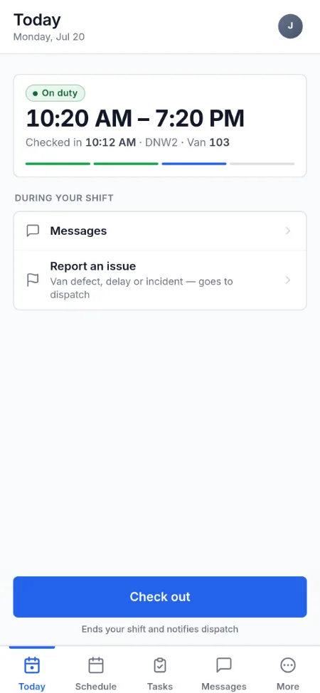 RouteReady driver app Today screen: on duty, 10:20 AM to 7:20 PM shift, checked in at 10:12 AM with van 103, and a check-out button
