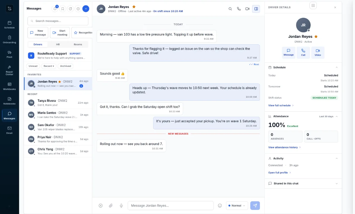 RouteReady Messages: a dispatch inbox with driver threads on the left, an open conversation about a van issue and a Saturday shift pickup, and a driver details panel showing today's shift, attendance, and app activity